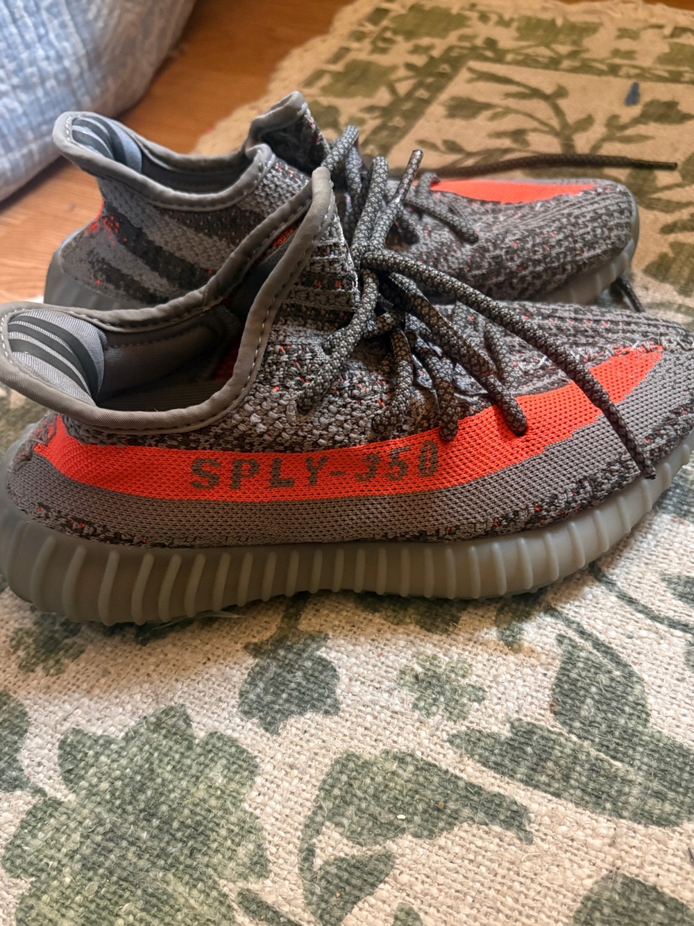 Yeezy 350 V2 in Grey with Orange Stripe